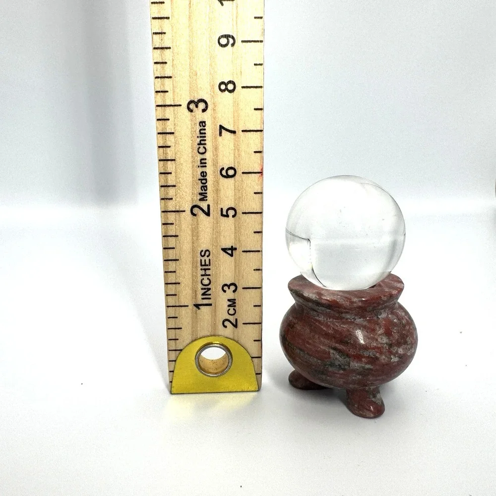 Mini Clear Crystal Ball Sphere on Carved Red Stone Elephant Stand Figurine Decor